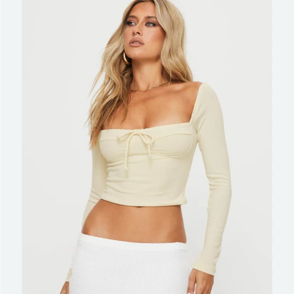 Princess Polly Claflin Long Sleeve Ribbed Crop Top Cream Long Sleeve Sweetheart